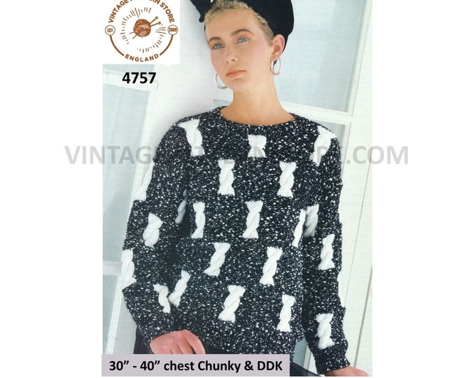 Ladies Womens 90s Chunky DDK round neck twist cable cabled drop shoulder dolman sweater jumper pdf knitting pattern 30" to 40" Download 4757