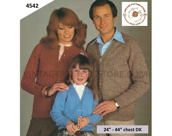 Ladies Womens Mens Boys Girls 80s family plain and simple easy to knit DK raglan cardigan pdf knitting pattern 24" to 44" Download 4542