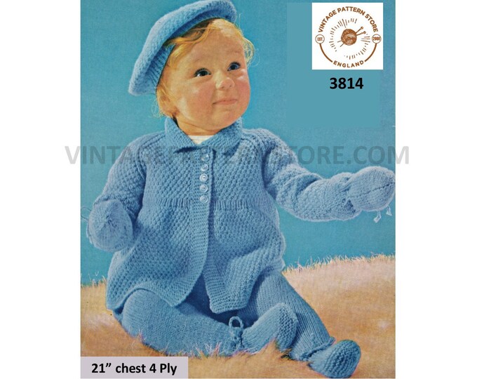 Baby Babies 70s vintage 4 ply pram set with matinee coat jacket leggings mittens and beret hat pdf knitting pattern 21" Chest download 3814