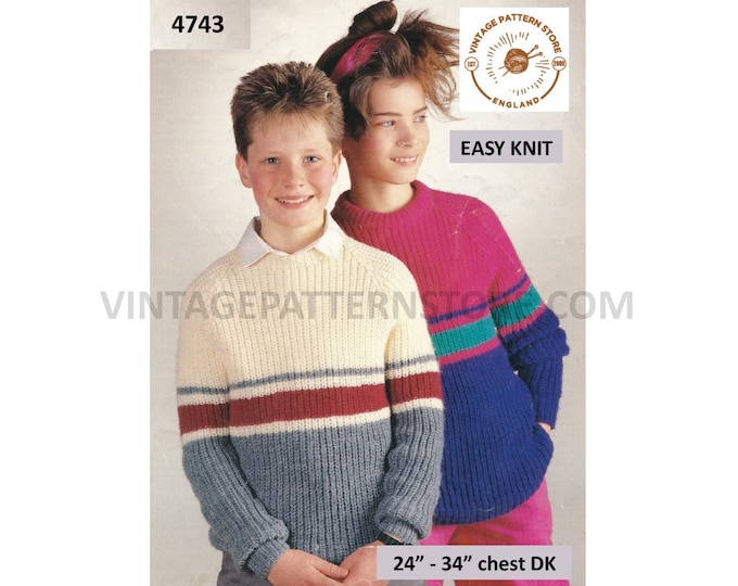 Girls Boys 90s fun quick and easy to knit DK crew neck striped raglan sweater jumper pullover pdf knitting pattern 24" to 34" Download 4743