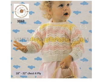 Girls Toddlers Baby Babies 80s 4 ply round neck colour striped lacy raglan sweater jumper pdf knitting pattern 18" to 22" PDF download 3862