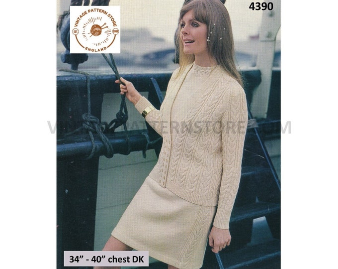 Ladies Womens 70s vintage DK crew neck cable sweater dress & V neck cabled raglan cardigan pdf knitting pattern 34" to 40" PDF Download 4390