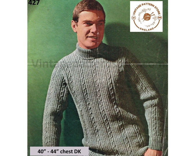 Mens Mans 60s vintage polo neck turtleneck cable cabled DK raglan sweater jumper pdf knitting pattern 40" to 44" chest Instant Download 427