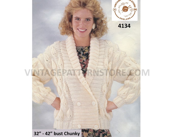 Ladies Womens 90s shawl collar leaf cable double breasted drop shoulder chunky jacket cardigan pdf knitting pattern 32" to 42" Download 4134