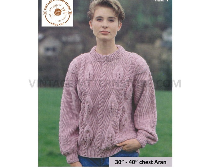 Ladies Womens 90s crew neck leaf & twist cable cabled drop shoulder dolman aran sweater jumper pdf knitting pattern 30" to 40" download 4024