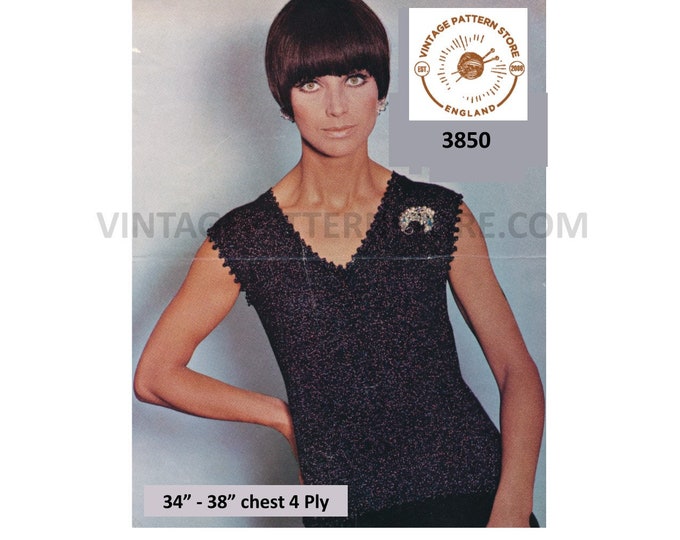Ladies Womens 70s 4 ply V neck picot edge cap sleeve sweater vest evening Summer top pdf knitting pattern 34" to 38" Chest PDF download 3850