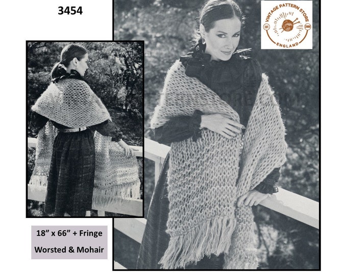 Ladies Womens 70s vintage worsted and mohair fringed lacy shawl stole wrap pdf knitting pattern 18" by 66" Instant PDF Download 3454
