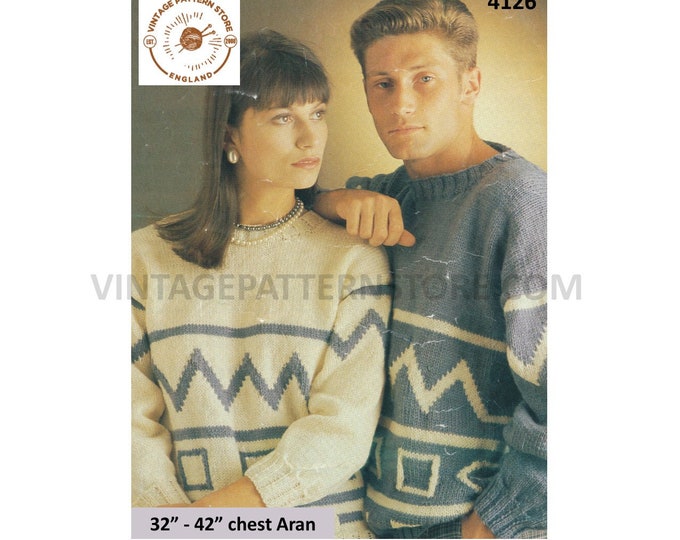 Ladies Womens Mens 90s round neck check stripe & zig zag drop shoulder dolman aran sweater pdf knitting pattern 32" to 42" Download 4126