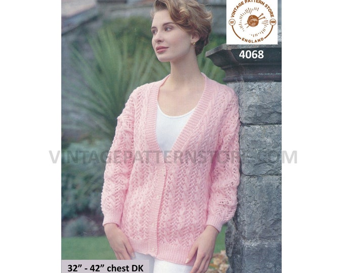 Ladies Womens 90s V neck cabled twist cable and lace drop shoulder lacy dolman cardigan pdf knitting pattern 32" to 42" Chest download 4068