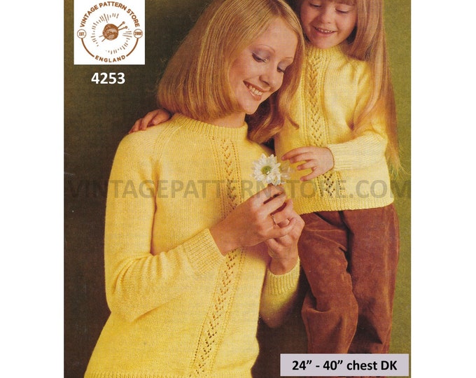 Ladies Womens Girls 70s vintage DK crew neck lace panel lacy raglan sweater jumper pdf knitting pattern 24" to 40" chest PDF Download 4253