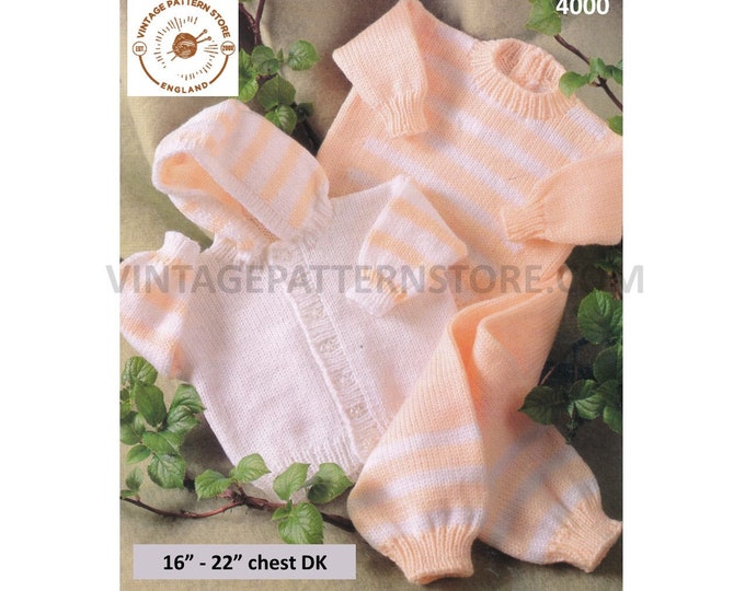 Baby Babies 90s easy to knit DK striped hoodie jacket leggings & round neck raglan sweater pdf knitting pattern 16" to 22" download 4000