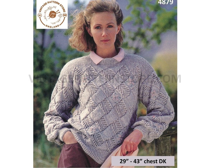Womens 90s DK round neck lacy diamond check enterlac drop shoulder dolman sweater jumper pdf knitting pattern 29" to 43" Download 4879