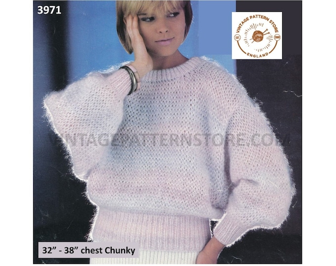Ladies Womens 90s fun quick and easy chunky knit round neck batwing sweater jumper pdf knitting pattern 32" to 38" PDF download 3971