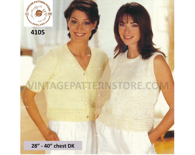 Ladies Womens Girls lacy hem short sleeve V neck DK cardigan & round neck slipover Summer top pdf knitting pattern 28" to 40" download 4105