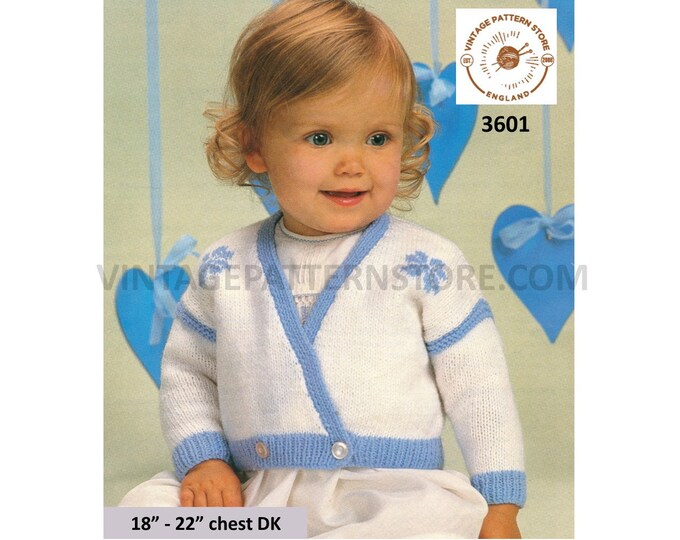 Baby Babies Toddlers 80s vintage DK flower motif crossover V neck drop shoulder raglan cardigan pdf knitting pattern 18" - 22" download 3601
