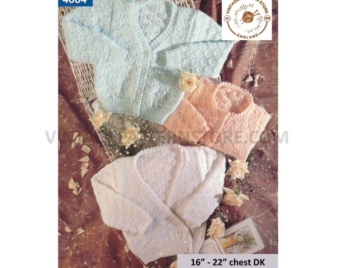 Baby Babies 90s DK V or picot round neck crossover lacy lace raglan cardigan matinee coat pdf knitting pattern 16" to 22" PDF download 4004