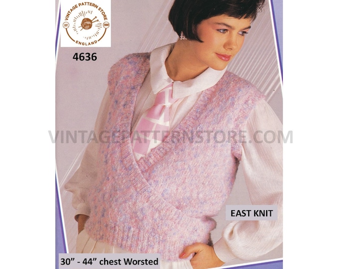 Womens 90s fun quick and easy to knit crossover V neck worsted sleeveless sweater vest jumper pdf knitting pattern 30" to 44" Download 4636