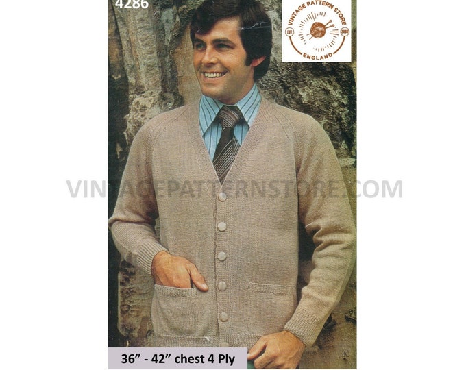 Mens Mans 70s vintage 4 ply V neck plain and simple quick and easy to knit raglan cardigan pdf knitting pattern 36" to 42" PDF Download 4286