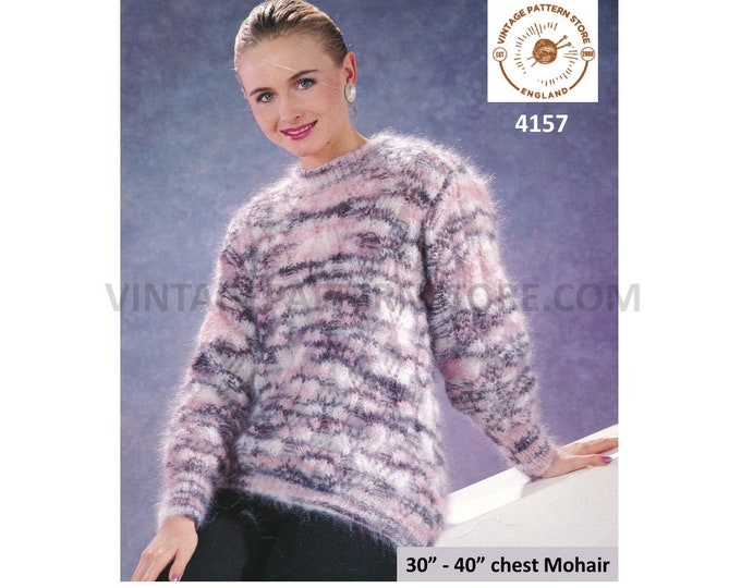 Ladies Womens 90s round neck cable cabled drop shoulder dolman mohair sweater jumper pdf knitting pattern 30" to 40" Instant Download 4157