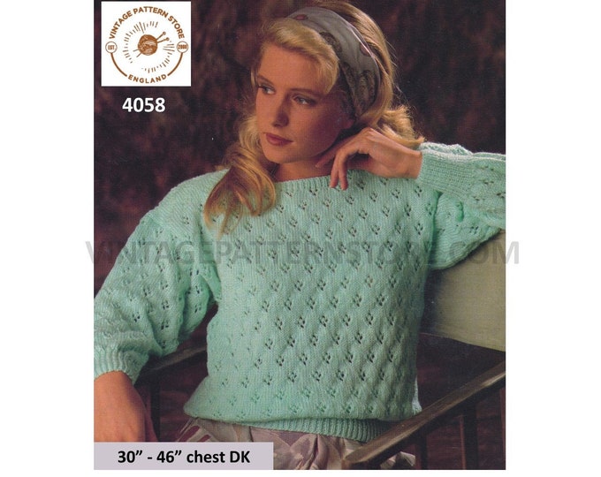 Ladies Womens 90s vintage slash neck lacy eyelet lace drop shoulder dolman sweater jumper pdf knitting pattern 30" to 46" download 4058