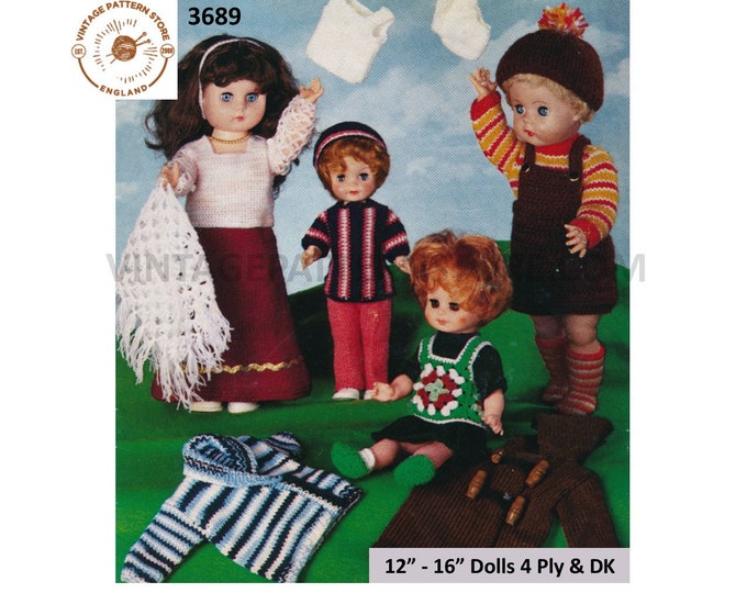 80s vintage DK & 4 ply 12" 16" dolls clothes duffle coat skirt jacket socks blouse dress shawl pdf knitting crochet pattern Download 3689