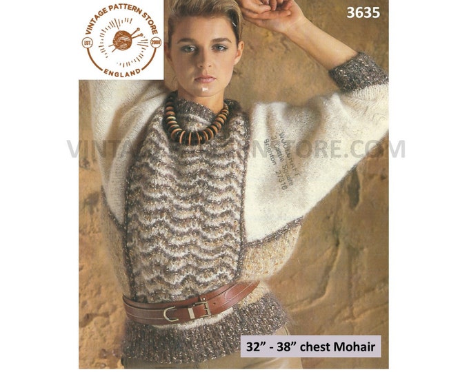 Ladies Womens 80s vintage round neck contrast panel mohair batwing sweater jumper pdf knitting pattern 32" to 38" Instant PDF download 3635