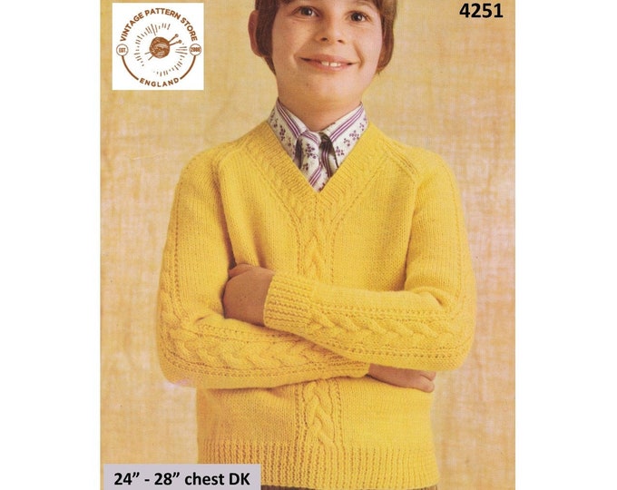 Boys 70s vintage DK V neck cable cabled raglan sweater jumper pullover pdf knitting pattern 24" to 28" chest Instant PDF Download 4251