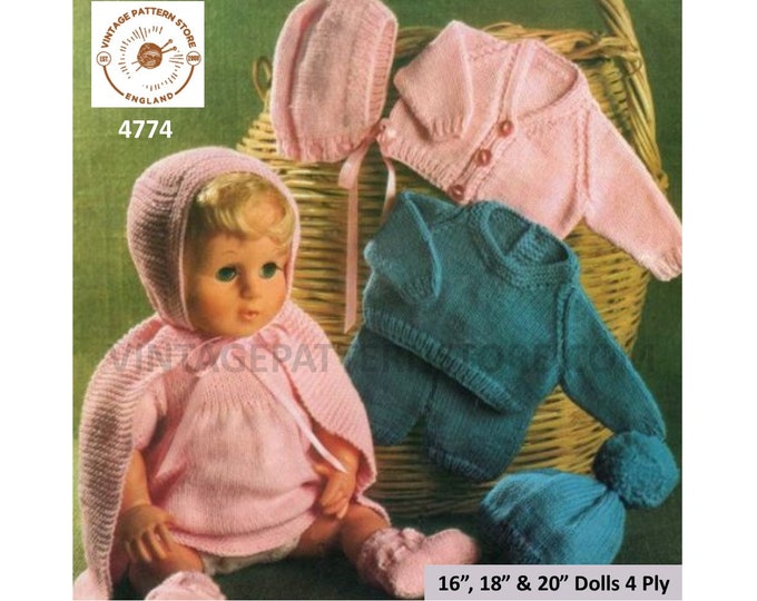 70s vintage 16" 18" 20" 4 ply baby dolls clothes cardigan cape sweater shorts hat bootees bonnet dress pdf knitting pattern Download 4774