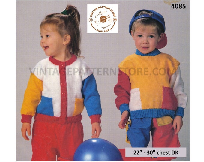 Boys Girls Toddlers 90s colour blocked geometric round neck DK raglan cardigan sweater jumper pdf knitting pattern 22" to 30" download 4085