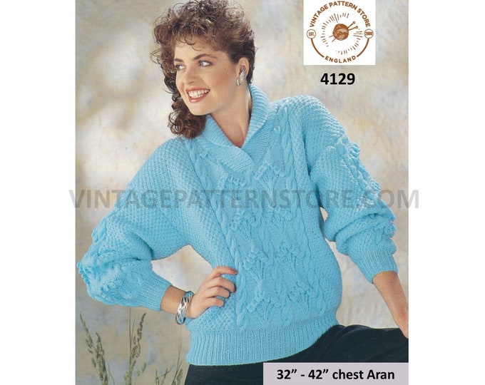 Ladies Womens 90s shawl collar textured drop shoulder cable panel dolman aran sweater jumper pdf knitting pattern 32" to 42" download 4129