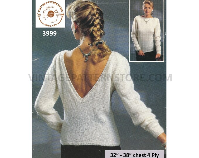 Ladies Womens 90s easy to knit backless 4 ply raglan sweater jumper pdf knitting pattern 32" to 38" chest Instant PDF download 3999