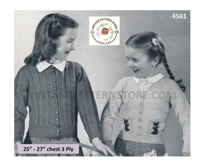 Girls 50s vintage 3 ply round neck texture rib and V neck scottie dog motif raglan cardigan pdf knitting pattern 25" to 27" Download 4561