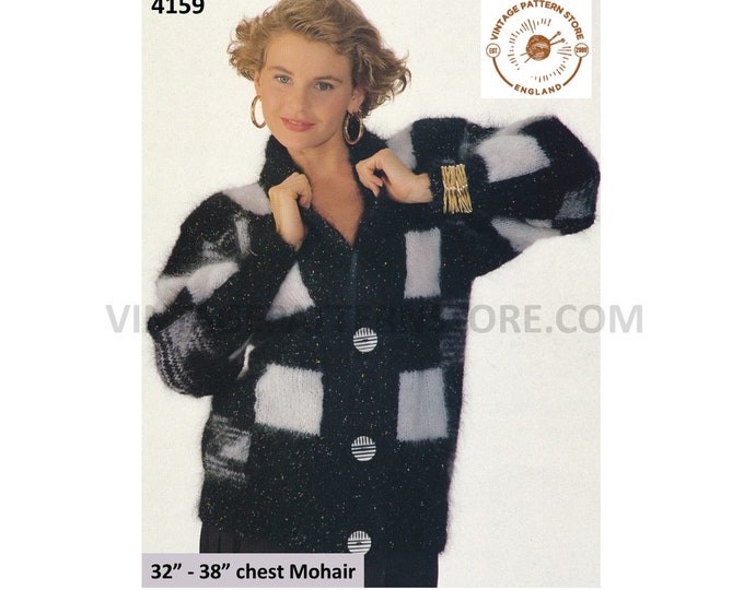 Ladies Womens 90s V neck collared big check drop shoulder dolman mohair cardigan jacket pdf knitting pattern 32" to 38" PDF Download 4159
