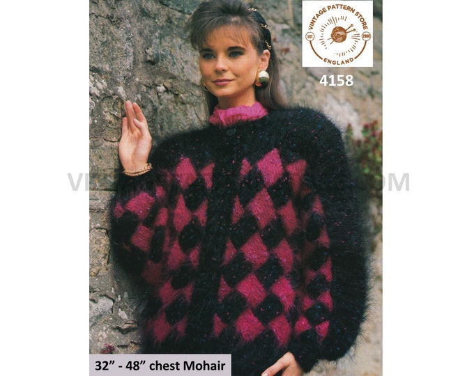 Ladies Womens 90s round neck saddle & drop shoulder diamond dolman mohair cardigan jacket pdf knitting pattern 32" to 48" PDF Download 4158