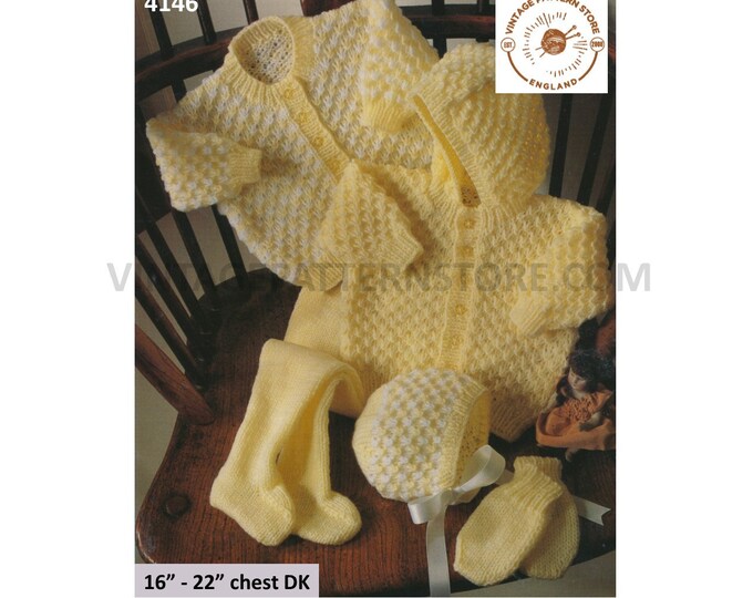 Baby Babies 90s DK pram set with cardigan hoodie jacket bonnet mittens and leggings pdf knitting pattern 16" to 22" chest PDF Download 4146