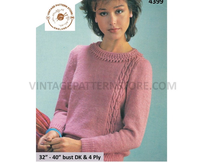 Ladies Womens 80s vintage DK & 4 ply crochet collar round neck cable cabled raglan sweater pdf knitting pattern 32" to 40" PDF Download 4399