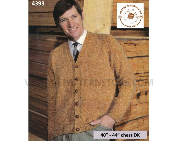 Mens Mans 60s vintage DK plain quick and simple easy to knit V neck raglan cardigan pdf knitting pattern 40" to 44" chest PDF Download 4393