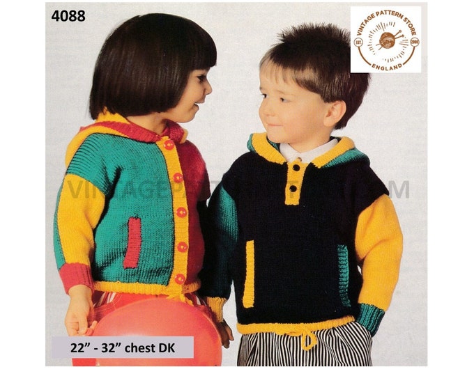 Boys Girls Toddlers 90s shirt neck drop shoulder easy to knit hoodie dolman sweater & cardigan pdf knitting pattern 22" to 32" download 4088