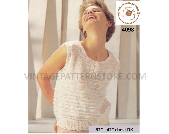 Ladies Womens 90s scoop shirt neck ridge cable DK sleeveless sweater vest slipover Summer top pdf knitting pattern 32" to 42" download 4098