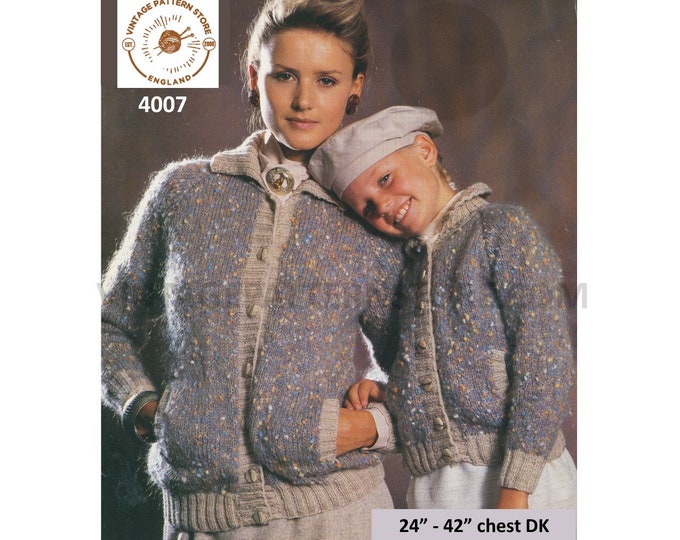 Ladies Womens Girls 90s DK round neck collared raglan cardigan jacket pdf knitting pattern 24" to 42" Instant PDF download 4007