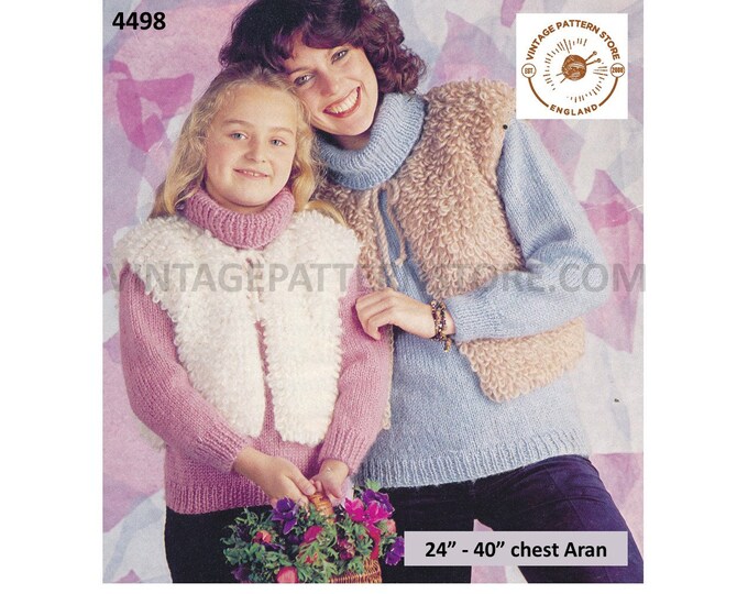 Womens Girls 70s vintage round neck loopy aran jerkin waistcoat & polo neck sweater jumper pdf knitting pattern 24" to 40" PDF Download 4498
