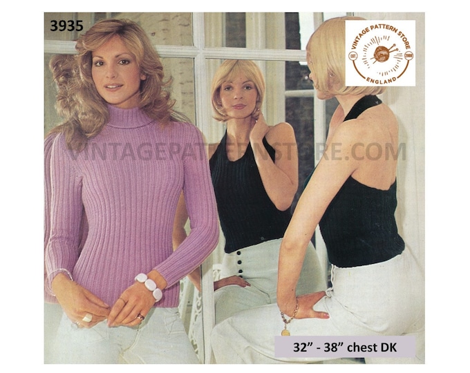 Ladies Womens 70s vintage DK skinny rib polo neck raglan sweater & rib halter neck evening top pdf knitting pattern 32" to 38" Download 3935