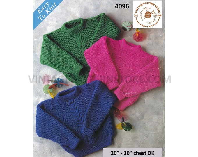 Boys Girls Toddlers 90s crew neck simple & easy to knit cable panel raglan sweater jumper pdf knitting pattern 20" to 30" download 4096
