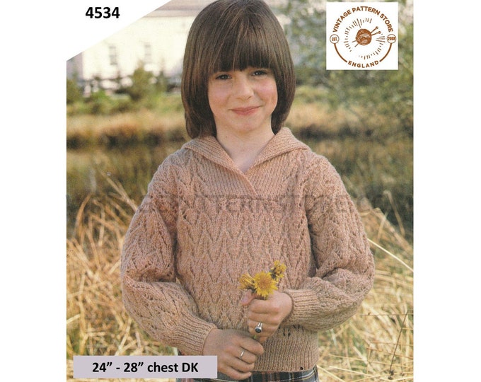Girls 80s vintage DK V neck collared lacy eyelet lace drop shoulder raglan sweater jumper pdf knitting pattern 24" to 28" PDF Download 4534