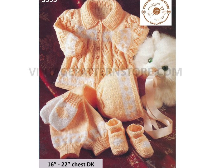 Baby Babies 90s lacy eyelet lace DK matinee coat jacket bonnet booties mittens & leggings pdf knitting pattern 16" to 22" PDF download 3995