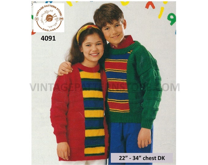 Boys Girls Toddlers 90s round neck drop shoulder striped ridged DK dolman sweater jumper pdf knitting pattern 22" to 34" PDF download 4091