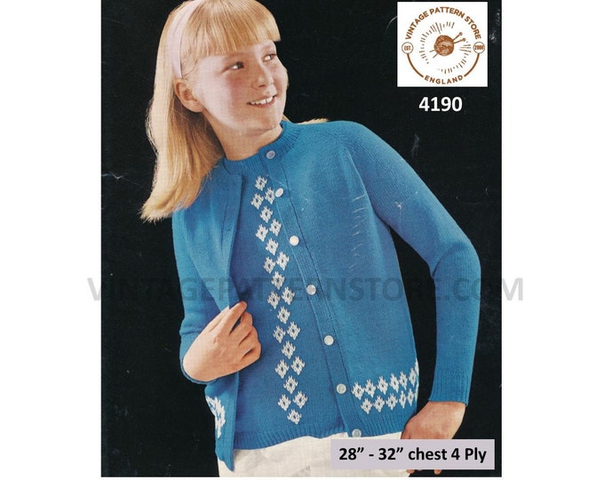 Girls 60s vintage 4 ply twin set round neck embroidered raglan sweater jumper & cardigan pdf knitting pattern 28" to 32" chest Download 4190