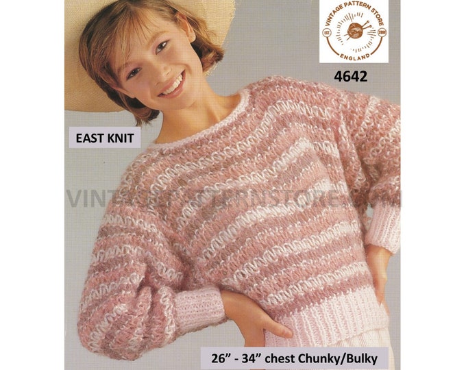 Girls Womens 90s chunky fun quick and easy to knit round neck striped dolman sweater jumper pdf knitting pattern 26" to 34" Download 4642