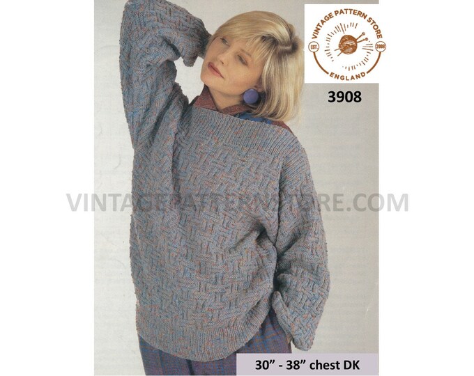 Ladies Womens 90s DK slash neck drop shoulder slouchy dolman enterlac sweater jumper pdf knitting pattern 30" to 38" Instant download 3908