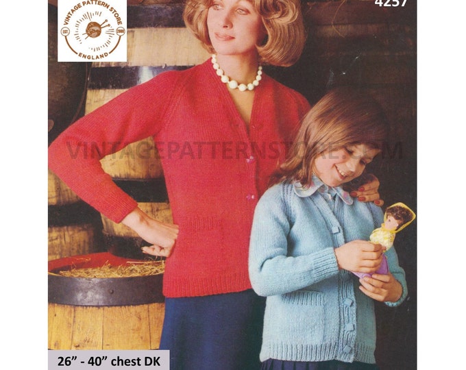 Ladies Womens Girls 70s vintage simple and easy to knit DK V neck raglan cardigan with pockets pdf knitting pattern 26" to 40" Download 4257